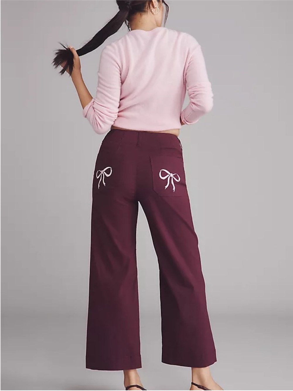Anthropologie Maeve Colette Pants 29 Burgundy Pink Embroidered Bows